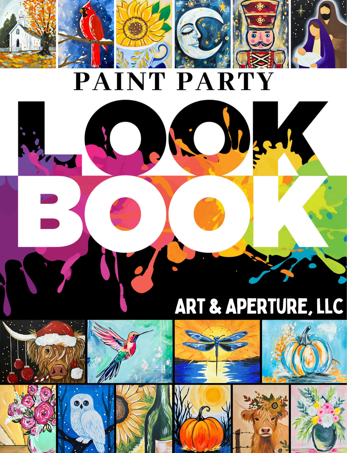 Graphic promoting the free Art & Aperture digital paint party Look Book with painting ideas for mobile paint parties and group events throughout Western Kentucky.