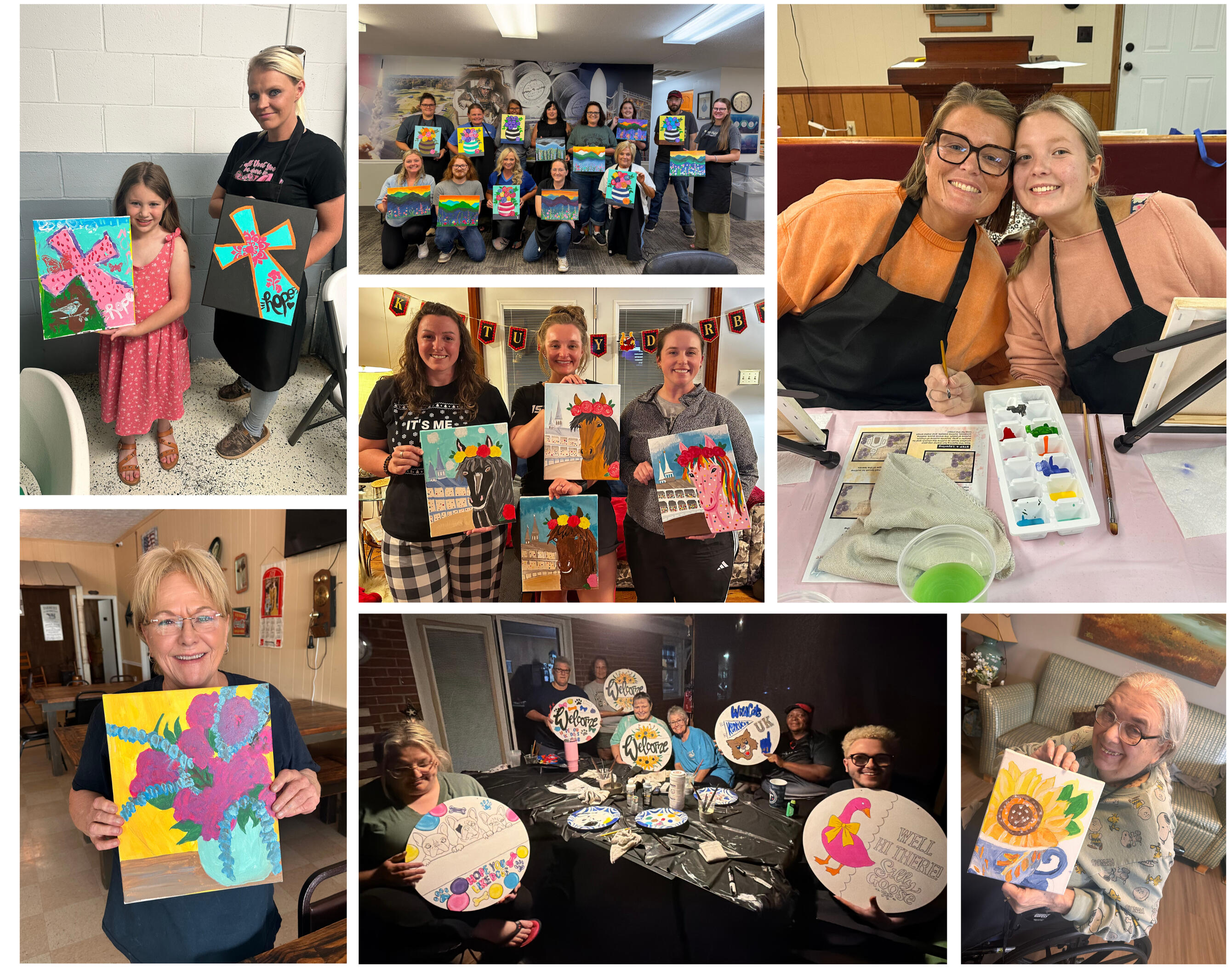 Paint Parties for Any Occasion in Western Kentucky | Art & Aperture Collage of Western Kentucky paint parties for birthdays, family gatherings, church groups, senior communities, private parties, and group events, with guests proudly showing their finished paintings. White Plains, KY, St.Charles, KY, Greenville, KY, Benton