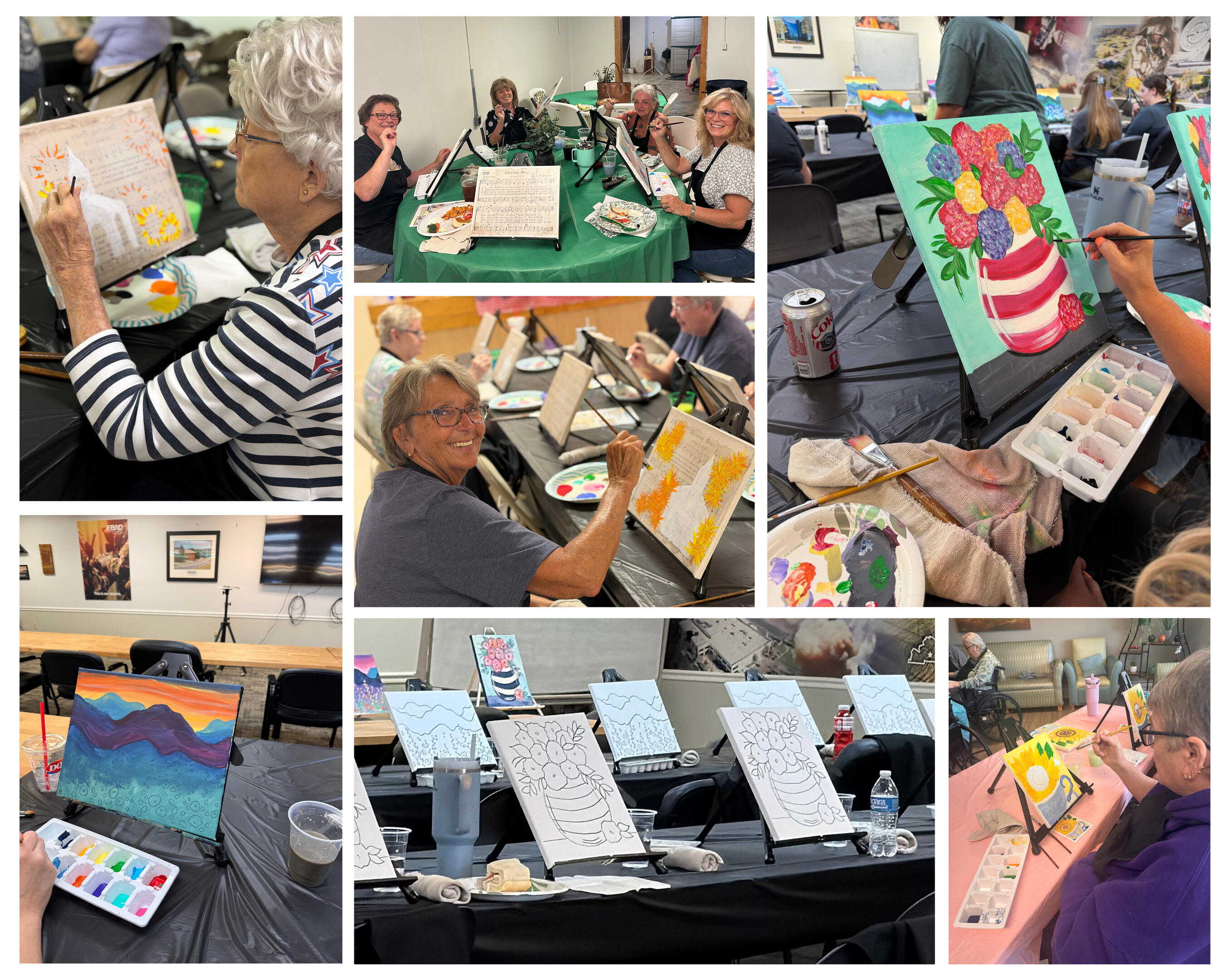 How Mobile Paint Parties Work in Western Kentucky | Art & Aperture Collage showing the Art & Aperture mobile paint party process in Western Kentucky, with pre-traced canvases, paint supplies, step-by-step painting, and guests creating their own artwork