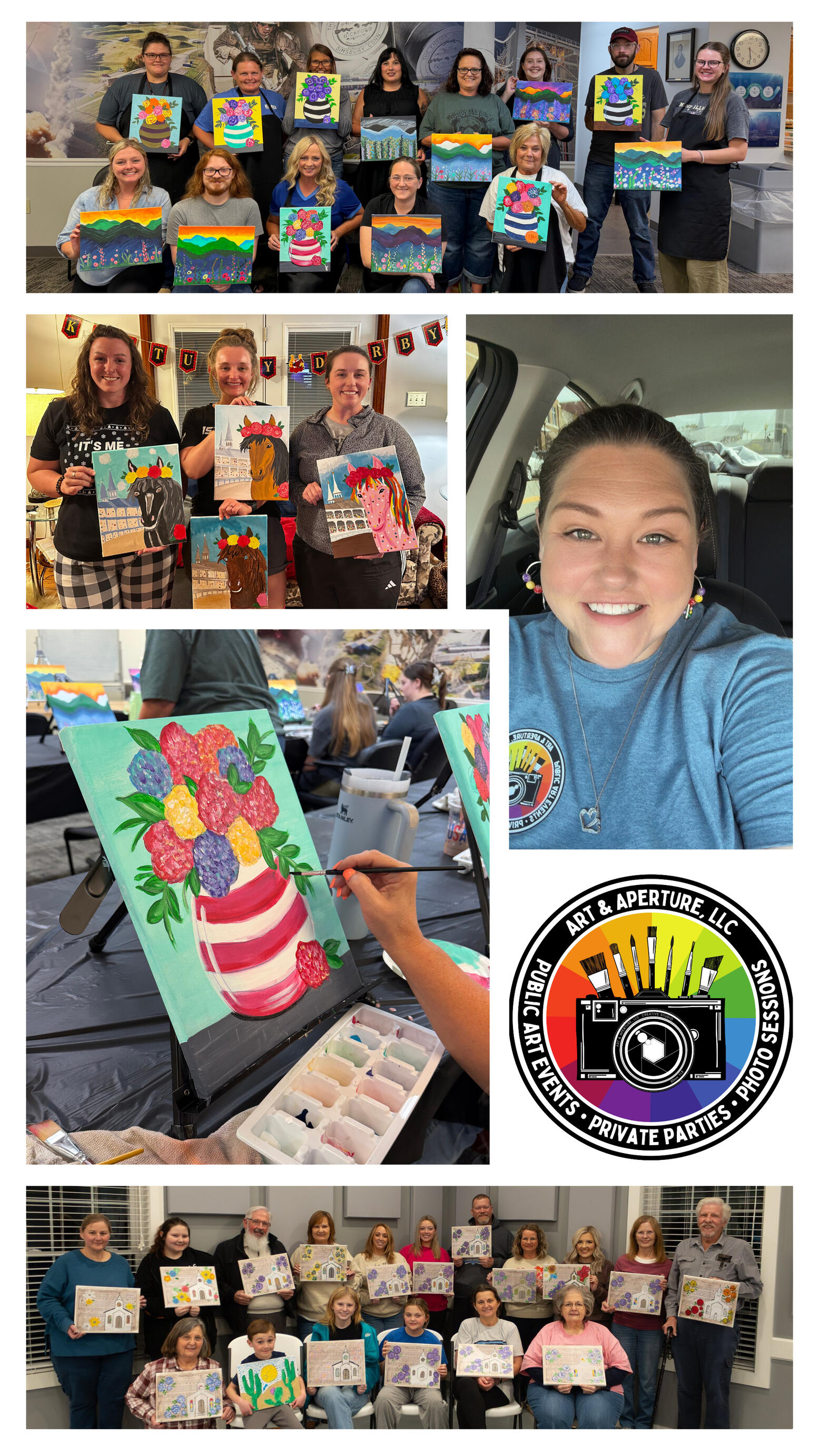 Mobile Paint Parties in Western Kentucky Art & Aperture mobile paint parties in Western Kentucky featuring group painting events, senior community painters, step-by-step canvas painting, and guests showing their finished artwork.